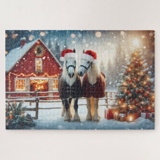 Santa Christmas horses on the farm ジグソーパズル (横)