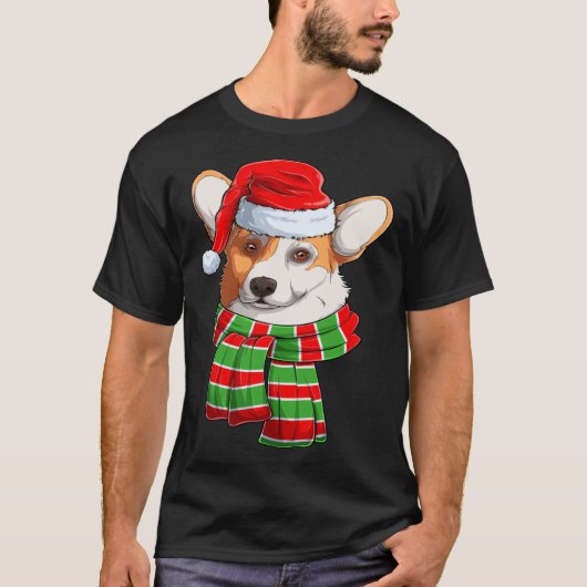 Santa Christmas Tree Lights Xmas Scarf Corgi Tシャツ (正面)