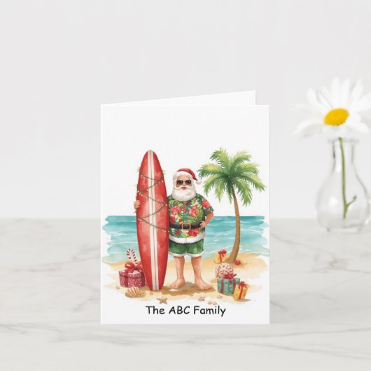 SANTA CLAUSとサーフィンを楽しむ7月のクリスマス カード (小さな植物)