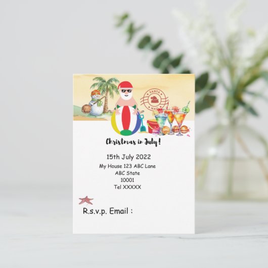 SANTA CLAUSをビーチに7月のクリスマス ポストカード (スタンド正面)