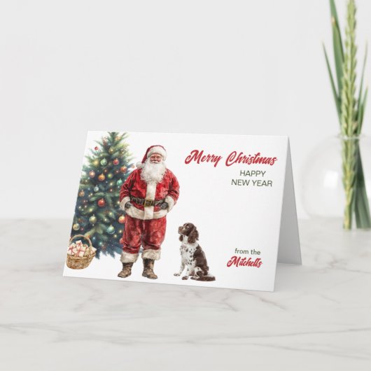 Santa Claus and English Springer Spaniel Christmas シーズンカード (正面)