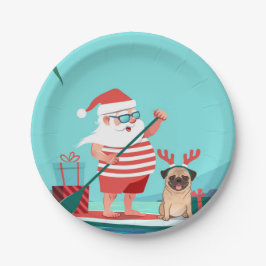 Santa Claus and His Pug on a Surfboard ペーパープレート