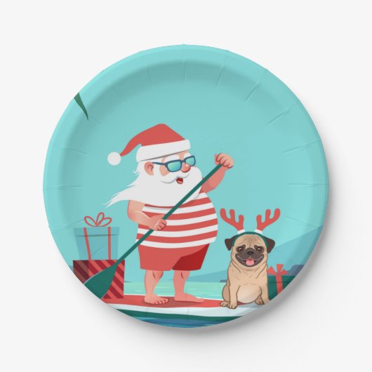Santa Claus and His Pug on a Surfboard ペーパープレート (正面)