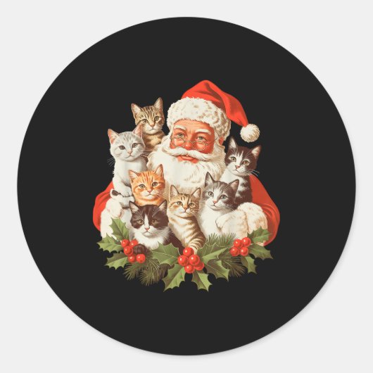 Santa Claus And Kittens Cats Christmas  ラウンドシール (正面)