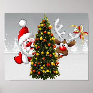 Santa claus and reindeer behind a christmas tree.j ポスター