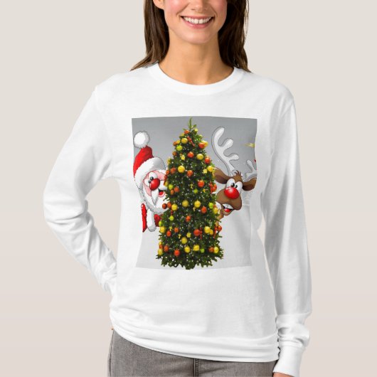 Santa claus and reindeer behind a christmas tree.j tシャツ (正面)