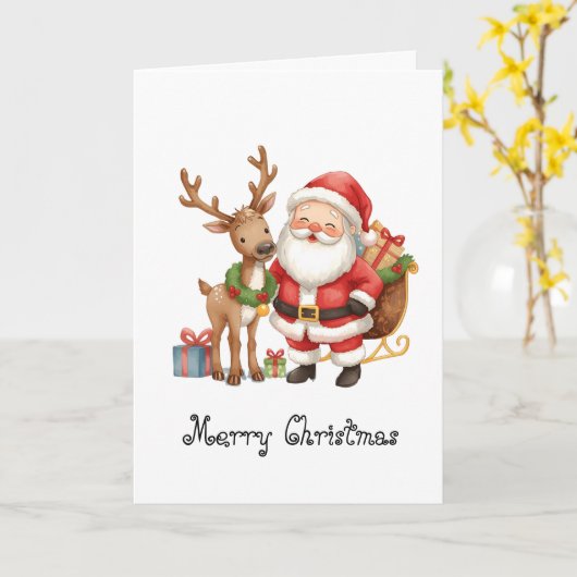 Santa Claus and reindeer whimsical Greeting Card カード (黄色い花)