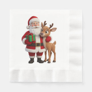 Santa Claus and Rudolph Cartoon 縁ありランチョンナプキン