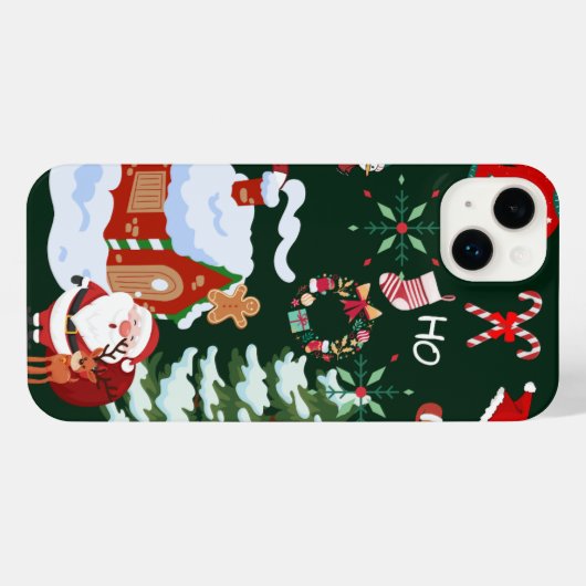 Santa Claus and the Snowman | Dark Tree Background iPhoneケース (裏面横)