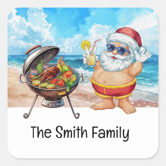 Santa Claus at Beach Christmas in July スクエアシール (正面)