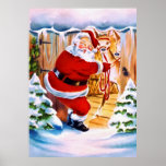 Santa Claus brings his reindeers ポスター<br><div class="desc">Santa Claus brings his reindeer out of the shed and prepares for Christmas. A wonderful vintage christmas scene that all children's hearts beat faster. Click on Customize to personalized the gift product!</div>