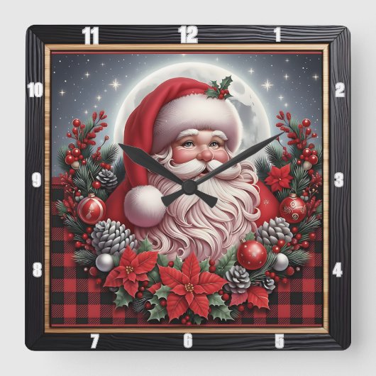 Santa Claus Buffalo Plaid スクエア壁時計 (正面)