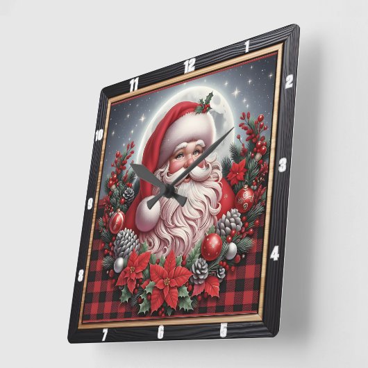 Santa Claus Buffalo Plaid スクエア壁時計 (傾斜)