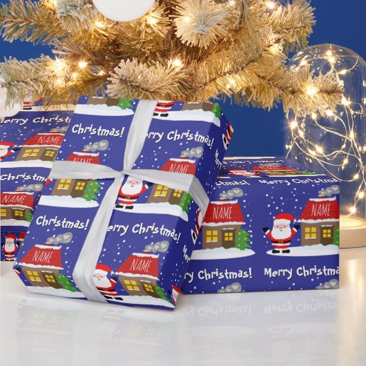 Santa Claus cartoon with house and Christmas tree ラッピングペーパー (クリスマス)