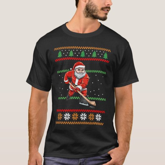Santa Claus Christmas Ice Hockey Ugly Sweater Tシャツ (正面)