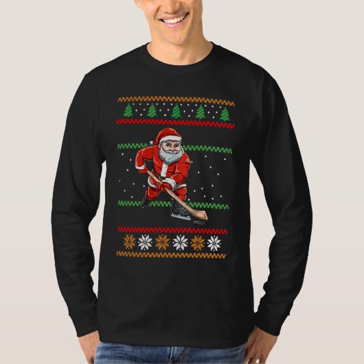 Santa Claus Christmas Ice Hockey Ugly Sweater Tシャツ (正面)