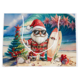 Santa Claus Christmas in July at the beach surfer ラージペーパーバッグ