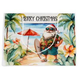 Santa Claus Christmas in July at the beach surfer ラージペーパーバッグ
