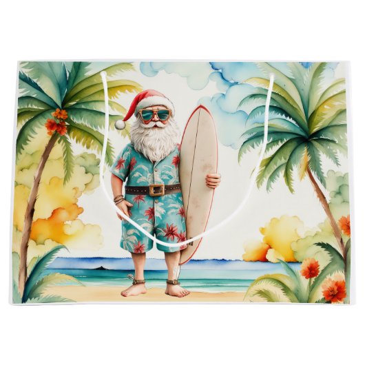 Santa Claus Christmas in July at the beach surfer ラージペーパーバッグ (正面)