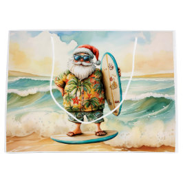 Santa Claus Christmas in July at the beach surfer ラージペーパーバッグ
