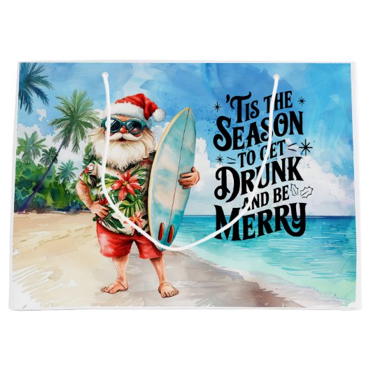 Santa Claus Christmas in July at the beach surfer ラージペーパーバッグ (正面)