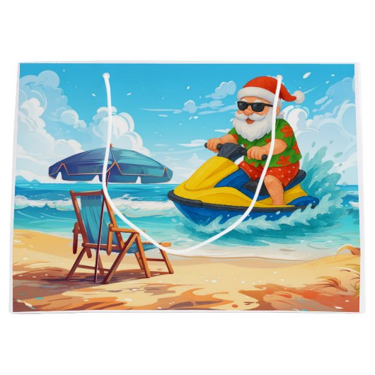 Santa Claus Christmas in July riding jet ski ラージペーパーバッグ (正面)
