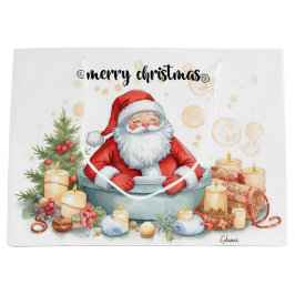 Santa Claus Christmas Spa Bath Tub Large Gift Bag ラージペーパーバッグ