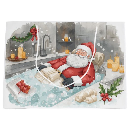 Santa Claus Christmas Spa Bath Tub Large Gift Bag ラージペーパーバッグ (正面)