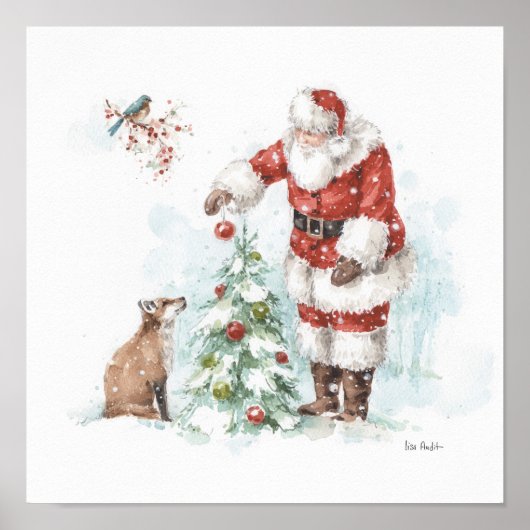 Santa Claus Decorating a Tree with His Woodland Fr ポスター (正面)