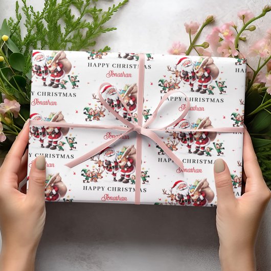 Santa Claus Deer Happy Christmas Personalized Name ラッピングペーパー