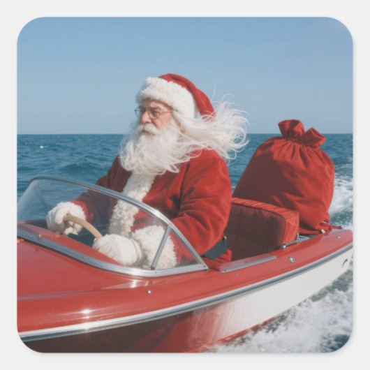 Santa Claus Delivering Gifts By Speedboat スクエアシール (正面)