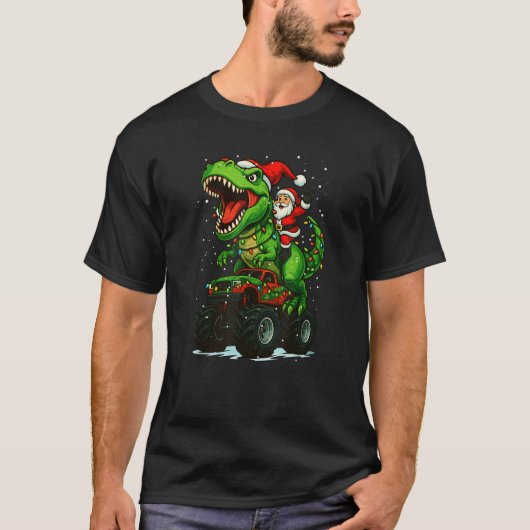 Santa Claus Dinosaur Trex Monster Truck Merry Xmas Tシャツ (正面)