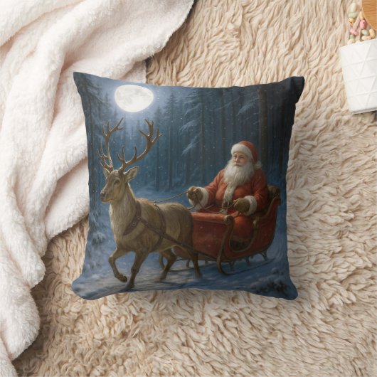 Santa Claus Driving a Sleigh In Moonlight クッション (ブランケット)