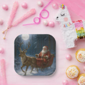 Santa Claus Driving a Sleigh In Moonlight ペーパープレート (パーティー)