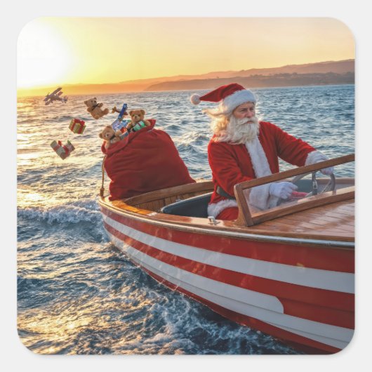 Santa Claus Driving a Speedboat スクエアシール (正面)