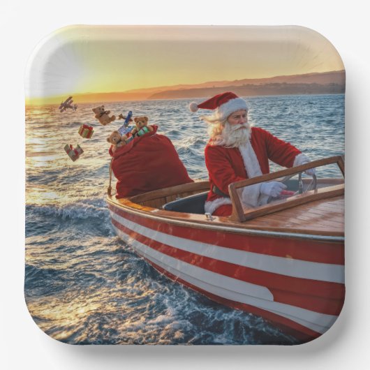 Santa Claus Driving a Speedboat ペーパープレート (正面)