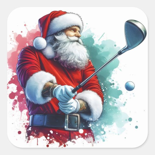 Santa Claus Enjoying a Winter Golf Game Outdoors スクエアシール (正面)