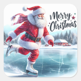 Santa Claus Enjoys Ice Skating on a Snowy Pond スクエアシール