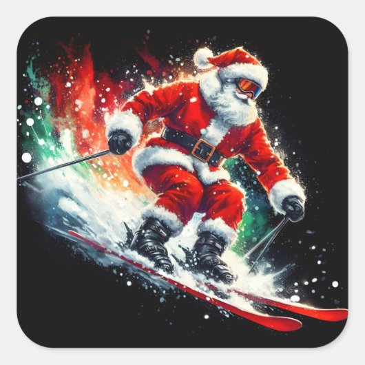 Santa Claus Enjoys Skiing in a Winter Wonderland スクエアシール (正面)