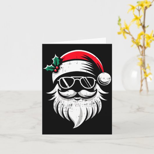 Santa Claus Face Sungles With Hat Beard Christmas  カード (黄色い花)