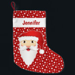 Santa Claus Head With Personalizable Name Red スモールクリスマスストッキング<br><div class="desc">幸せなサンタクロースのデステイの漫画のイラストレーションは、いくつかの白い点と赤い背景色に頭を持つ。また、ストッキングの上部には、名前のパーソナル化可能な文字領域がある。</div>