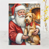 Santa Claus Holding Airedale Christmas Art カード (黄色い花)