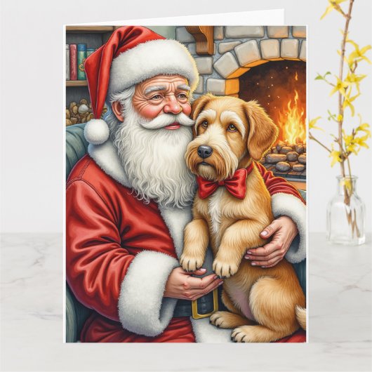 Santa Claus Holding Airedale Christmas Art カード (黄色い花)