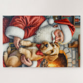 Santa Claus Holding Airedale Christmas Art ジグソーパズル (横)