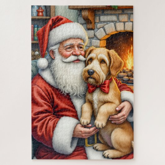 Santa Claus Holding Airedale Christmas Art ジグソーパズル (縦)