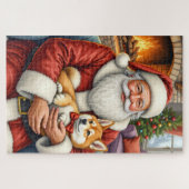 Santa Claus Holding Akita Christmas Art ジグソーパズル (横)