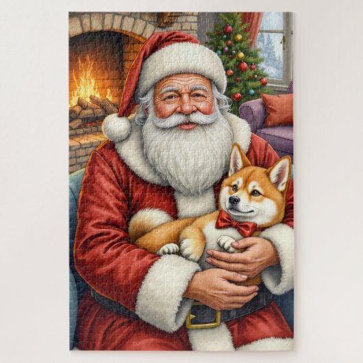 Santa Claus Holding Akita Christmas Art ジグソーパズル (縦)
