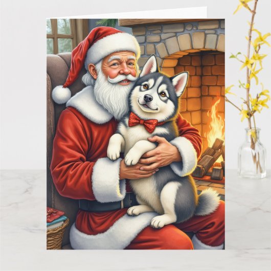 Santa Claus Holding Alaskan Malamute Christmas Art カード (黄色い花)