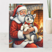 Santa Claus Holding Alaskan Malamute Christmas Art カード (正面)