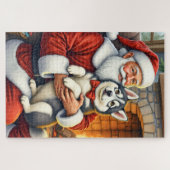 Santa Claus Holding Alaskan Malamute Christmas Art ジグソーパズル (横)